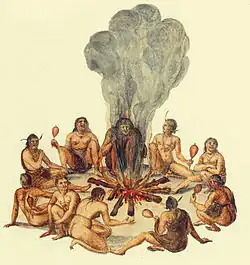 Ceremony of Secotan warriors in North Carolina by John White, 1585