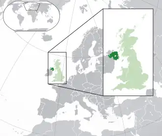 Location of Northern Ireland (dark green) – in Europe (green & dark grey) – in the United Kingdom (green)