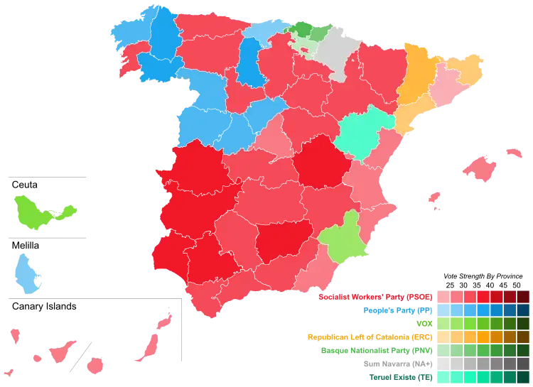 Map of Spain showcasing winning party's strength by constituency