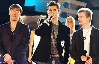 O-Zone performing at Cerbul De Aur in September 2005. From left to right: Arsenie Todiraș, Dan Balan, Radu Sîrbu