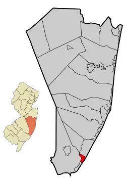 Location of Beach Haven in Ocean County highlighted in red (right). Inset map: Location of Ocean County in New Jersey highlighted in orange (left).