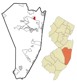 Map of Leisure Village East CDP in Ocean County. Inset: Location of Ocean County in New Jersey.