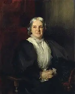 Portrait of a Victorian middle-aged woman facing the artist, head slightly to the right.