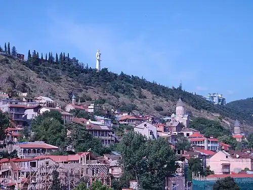 View of Saint George (center left) and two other churches in Old Tbilisi: Holy Mother of God (Bethlehem) (center right) and Lower Betlemi church. (far right)