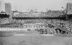 Stockholms Olympiastadion as seen from the south at the opening of the 1912 Summer Olympics. For the Games, the capacity was 20.000.