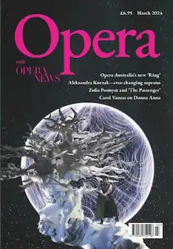 Cover of Opera magazine showing a scene from Die Walküre in a performance by Opera Australia