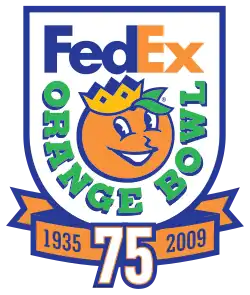 White shield bearing the FedEx and Orange Bowl logos. Below it is a ribbon inscribed with 1935 and 2009, separated by a white 75.