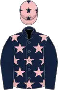 Dark blue, pink stars, dark blue sleeves, pink cap, dark blue stars