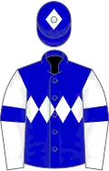 Blue, white triple diamond, white sleeves, blue armlets, white diamond on cap