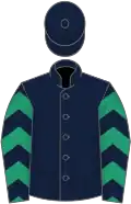 Dark blue, emerald green chevrons on sleeves, dark blue cap