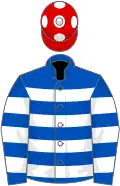 Royal blue and white hoops, red cap, white spots