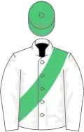 White, emerald green sash, emerald green cap