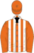 Orange and white stripes, orange sleeves and cap