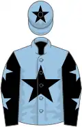 Light blue, black star, black sleeves, light blue stars, light blue cap, black star