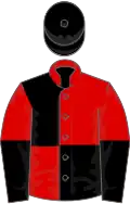 Red and black quartered, halved sleeves, black cap