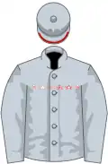 Gray silks with red trim on helmet brim and "CHROME" in red outlined letters on the rider's chest