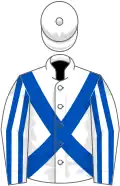 White, royal blue cross sashes, striped sleeves, white cap