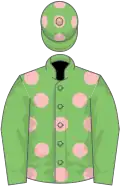 Light green, pink spots, light green sleeves