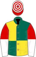 Dark green and yellow quartered, red and white halved slvs, red and white hooped cap