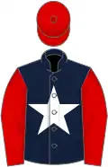 Dark blue, white star, red sleeves, red cap