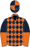 Dark blue and orange diamonds, halved sleeves, quartered cap