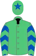 Emerald green, royal blue chevrons on sleeves, em green cap, royal blue star