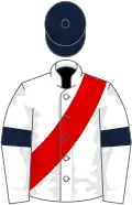 White, red sash, dark blue armlets and cap