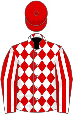 Red and white diamonds, striped sleeves, red cap