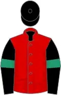 Red, black sleeves, emerald green armlets, black cap