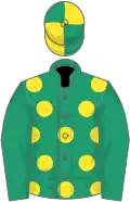 Emerald green, yellow spots on body, quartered cap