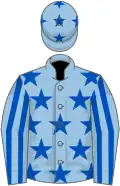 Light blue, royal blue stars, striped sleeves