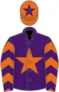 Purple, orange star, orange chevrons on sleeves, orange cap, purple star