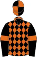 Black and orange diamonds, black sleeves, orange armlets, quartered cap