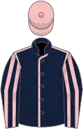 Dark blue, pink seams, striped sleeves, pink cap