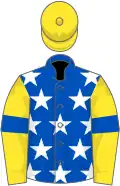 Royal blue, white stars, yellow sleeves, royal blue armlets, yellow cap
