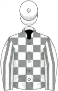 Grey and white check, striped sleeves, white cap