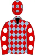 Red, light blue diamonds, white spots on sleeves, red cap, light blue spots