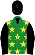 Green, yellow stars, black sleeves and cap