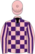 Pink and purple check, striped sleeves, pink cap
