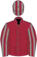 Maroon, grey striped sleeves, striped cap