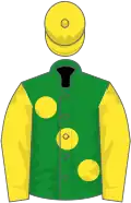 Green, large yellow spots, yellow sleeves, green chevron, yellow cap