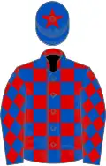 Red and royal blue check, royal blue sleeves, red diamonds, royal blue cap, red star