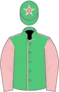 Emerald green, pink seams, sleeves and star on cap