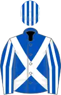 Royal blue, white cross sashes, striped sleeves and cap