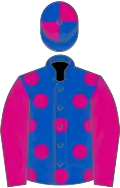 Royal blue, cerise spots and sleeves, quartered cap