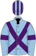 Light blue, purple cross belts and armlets, striped cap