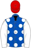 Royal blue, white spots and sleeves, red cap