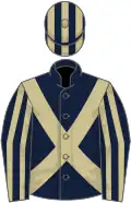 Dark blue, beige cross belts, striped sleeves and cap