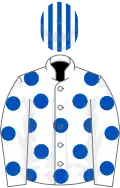 White, royal blue spots, white and royal blue striped cap