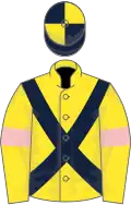 Yellow, dark blue cross belts, yellow sleeves, pink armlets, dark blue and yellow quartered cap